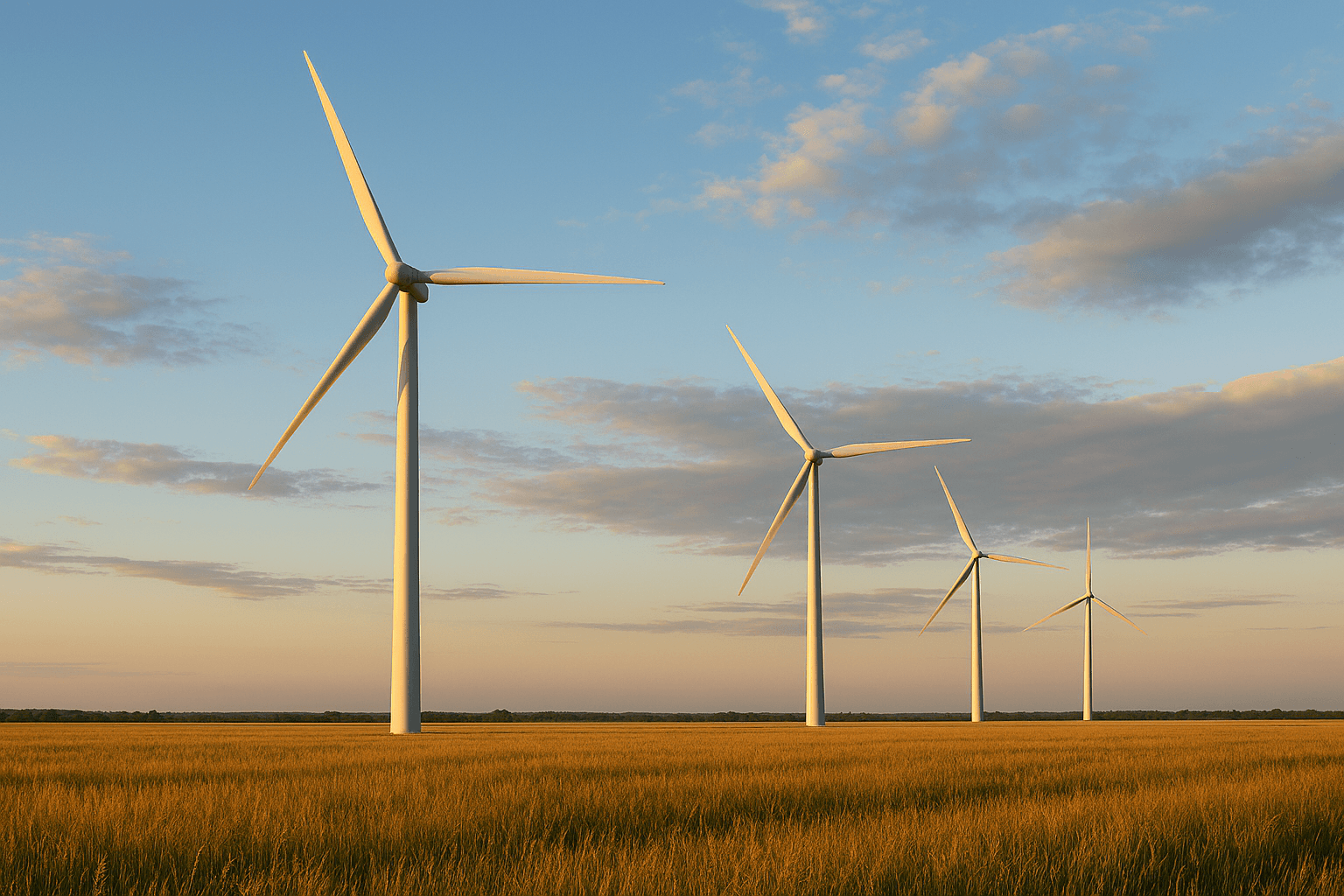 Wind turbines in field at sunset
